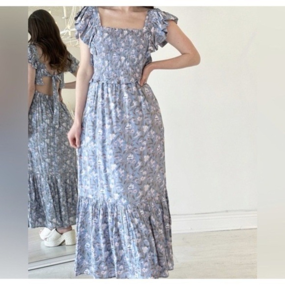 Anna Cate Dress XS Gisele‎ Blue Floral Maxi Smocked Open Back Boho Cottagecore